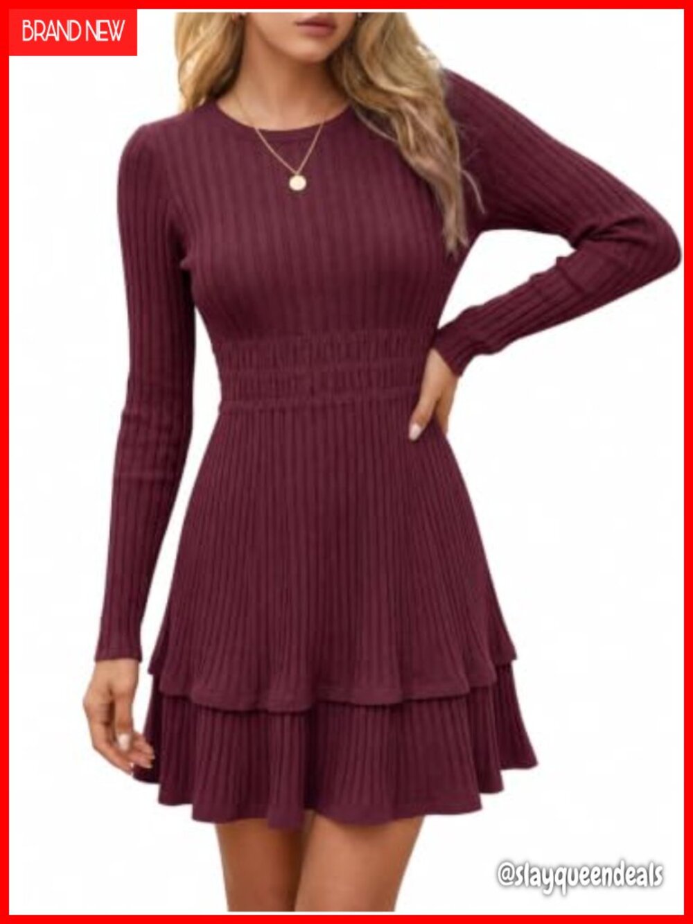 Wenrine Womens Long Sleeve Ribbed Knit Sweater Dress Mini A-Line